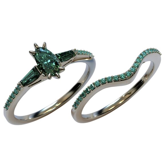 Marquise Cut Emerald Engagement Wedding Stacked Ring Set in Stainless steel - Picture 6 of 8